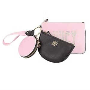 NWT Juicy Couture Flamingo Pink and Black Velour 3-Piece Pouch Wristlet Set